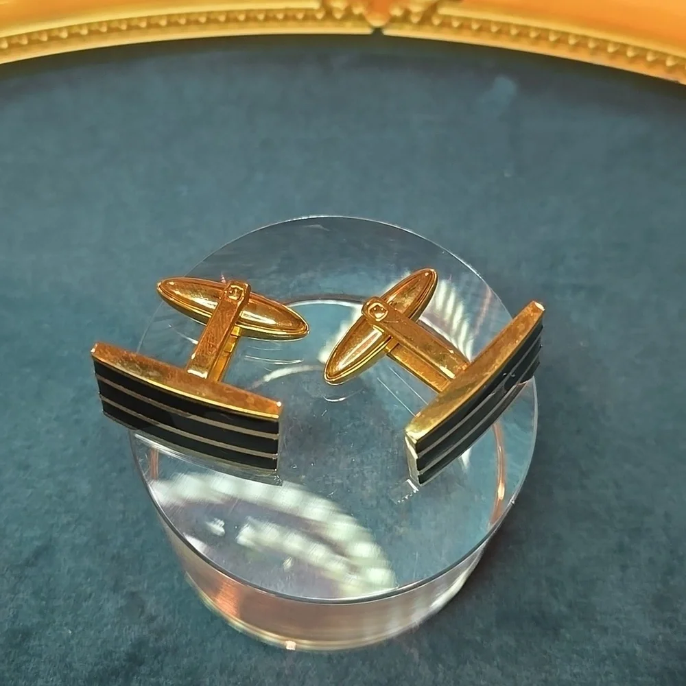 Gold and Black Striped Stainless Steel Cufflinks Brand New - Picture 6 of 10